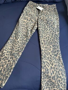 Good American Leopard Print Flare Jeans - Beige and Gray
